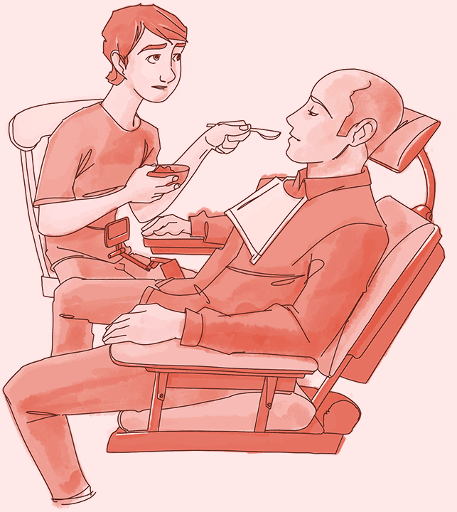 Boy feeding his dad some soup
